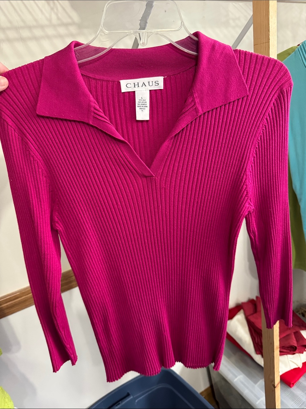 Chaus Hot Pink Ribbed Collared Long Sleeve Top